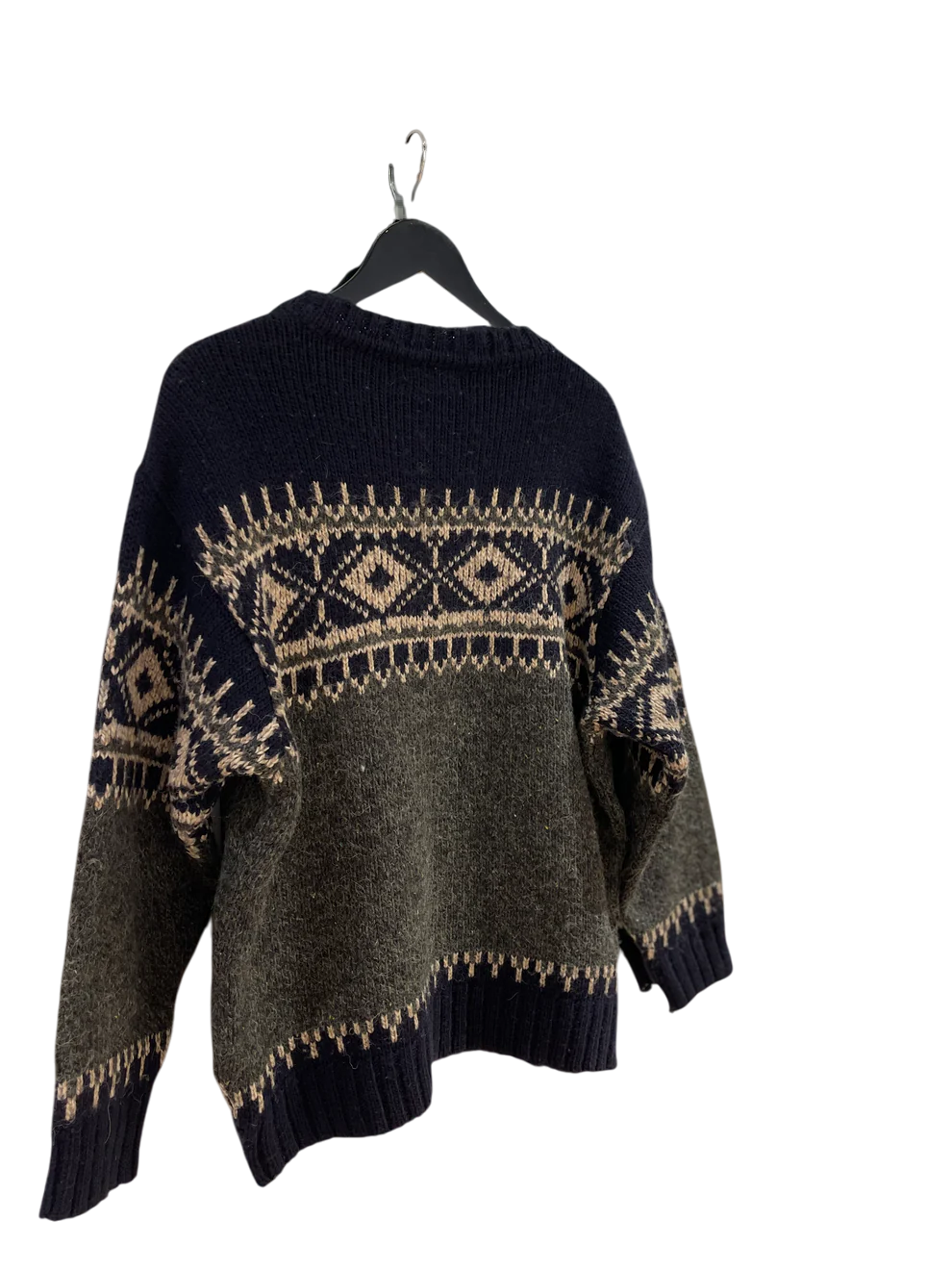 Pull en laine vintage bleu marine et beige L